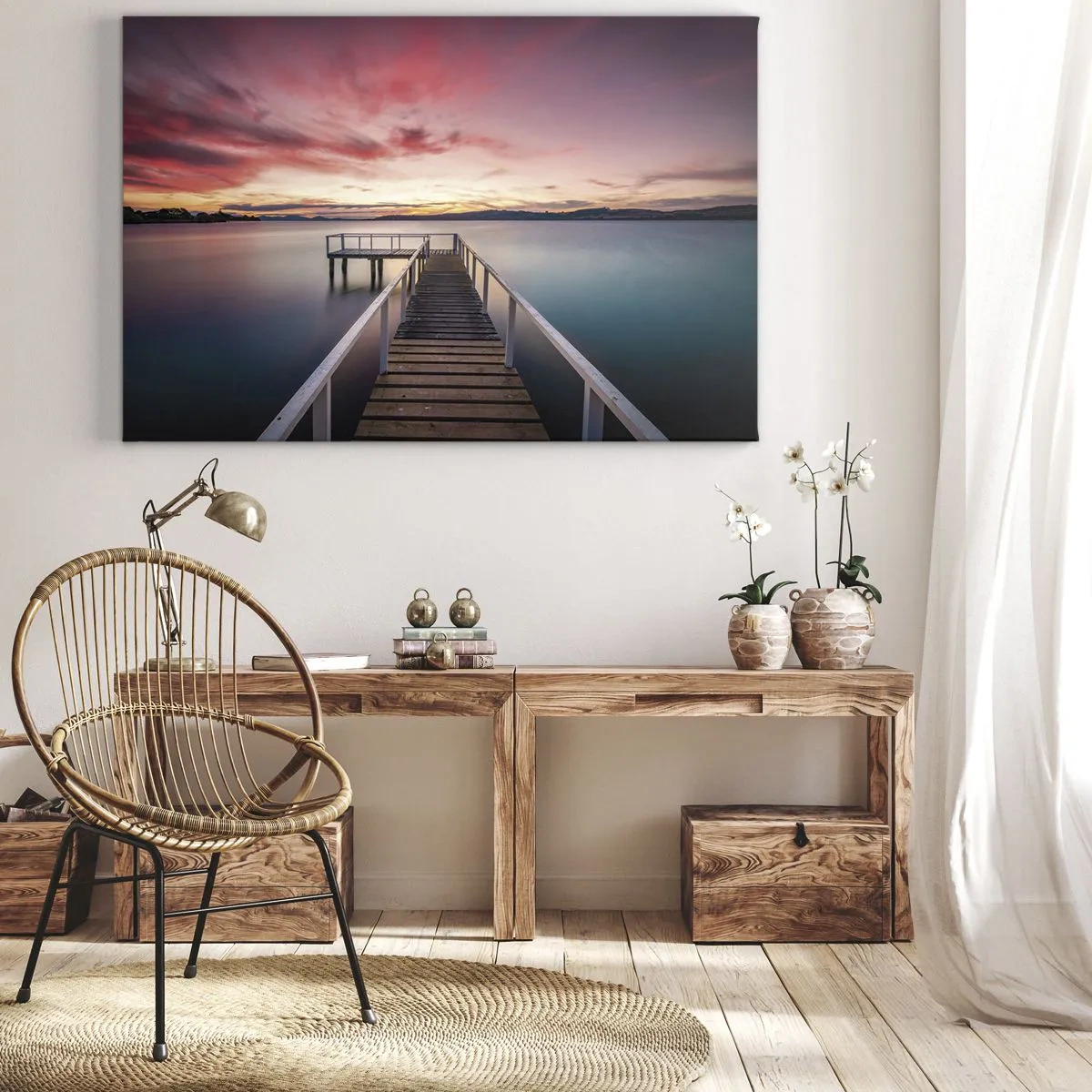 Cuadro sobre lienzo - Impresión de Imagen - Un embarcadero que conduce a un lago tranquilo al atardecer. - 70x50cm - La suave llama del atardecer - Decoración de pared moderna para salón y dormitorio ARTTOR