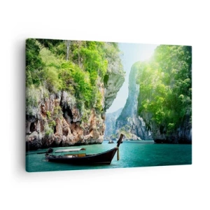 Cuadro sobre lienzo - Impresión de Imagen - Un barco tradicional con un telón de fondo de acantilados tropicales y aguas turquesas. - 70x50cm - Una invitación a un viaje exótico - Decoración de pared moderna para salón y dormitorio ARTTOR