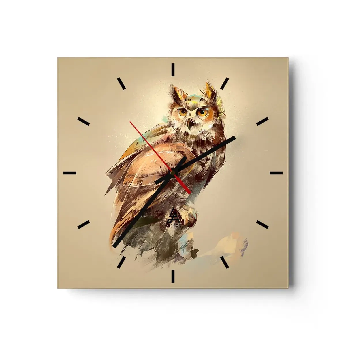 Reloj de pared - Reloj de vidrio - Retrato artístico de un búho sobre un fondo claro en tonos cálidos. - 30x30cm - Sabiduría de búho - Decoración de pared moderna para salón y dormitorio ARTTOR