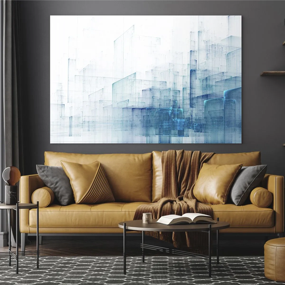 Cuadro sobre vidrio - Impresiones sobre Vidrio - Composición geométrica abstracta en tonos azules. - 70x50cm - Cómo se hizo el espacio - Decoración de pared moderna para salón y dormitorio ARTTOR