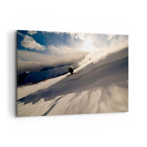 Cuadro sobre lienzo - Impresión de Imagen - Un esquiador en una pendiente rodeada de montañas y nieve. - 100x70cm - Reto de montaña asumido - Decoración de pared moderna para salón y dormitorio ARTTOR