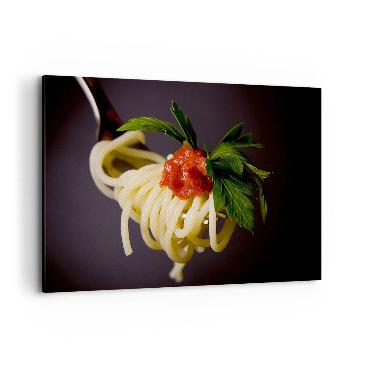 Cuadro sobre lienzo - Impresión de Imagen - Pasta espaguetis al tenedor con salsa de tomate y perejil - 120x80cm - Un sabroso bocado - Decoración de pared moderna para salón y dormitorio ARTTOR