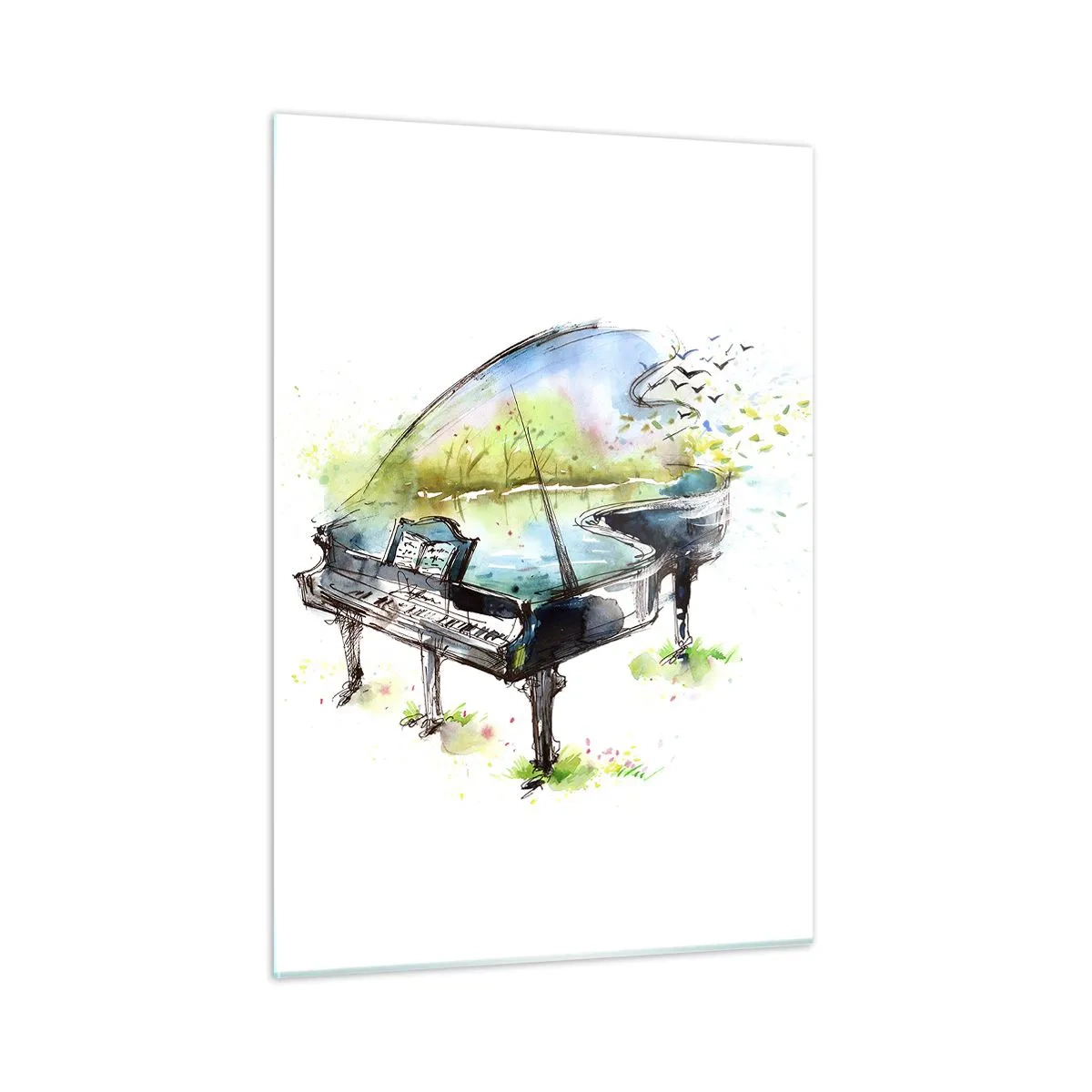 Cuadro sobre vidrio - Impresiones sobre Vidrio - Acuarela de un piano rodeado de naturaleza. - 50x70cm - Encantado con la música - Decoración de pared moderna para salón y dormitorio ARTTOR
