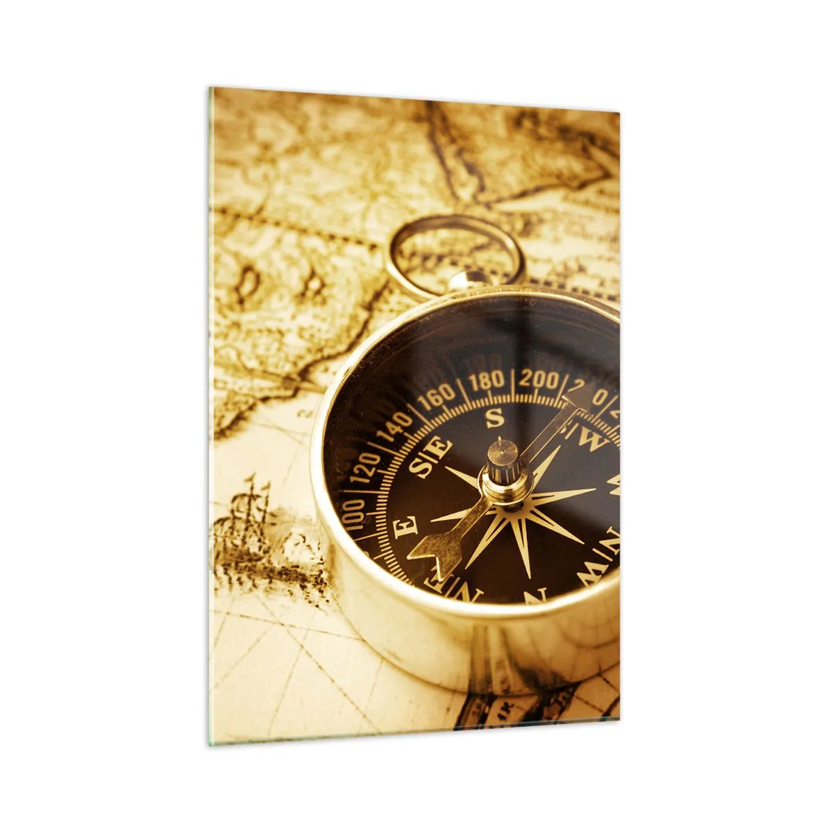 Cuadro sobre vidrio - Impresiones sobre Vidrio - Una brújula dorada sobre un fondo de mapa antiguo. - 50x70cm - ¿Este u Oeste? - Decoración de pared moderna para salón y dormitorio ARTTOR