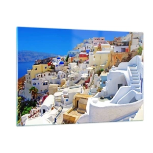 Cuadro sobre vidrio - Impresiones sobre Vidrio - Santorini con casas blancas contra un cielo azul - 120x80cm - Sueño de un verano griego - Decoración de pared moderna para salón y dormitorio ARTTOR