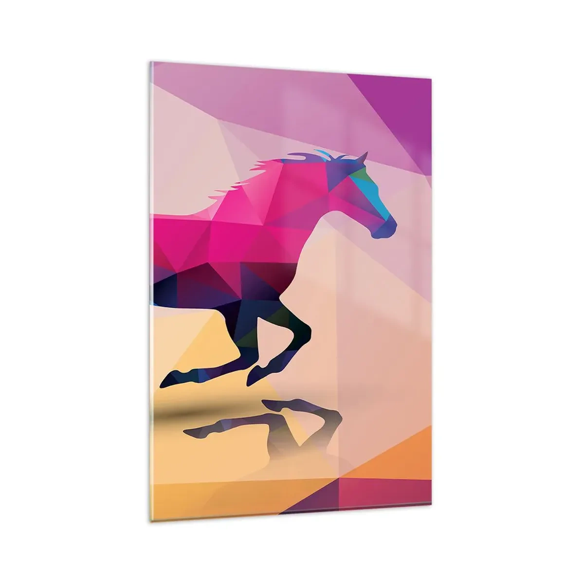 Cuadro sobre vidrio - Impresiones sobre Vidrio - Silueta geométrica de un caballo al galope en colores vibrantes. - 80x120cm - El cubismo sigue vivo - Decoración de pared moderna para salón y dormitorio ARTTOR