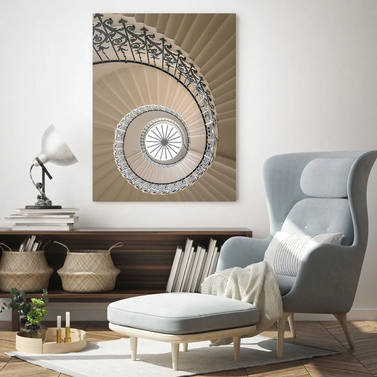 Cuadro sobre vidrio - Impresiones sobre Vidrio - Escalera de caracol con un elegante enfoque geométrico. - 80x120cm - En el interior de una concha - Decoración de pared moderna para salón y dormitorio ARTTOR