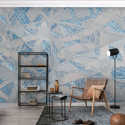 Fotomural Premium Sand - Patrón geométrico en tonos grises y azules. - 100x70cm - En un laberinto gris azulado - Decoración de pared moderna para salón y dormitorio ARTTOR