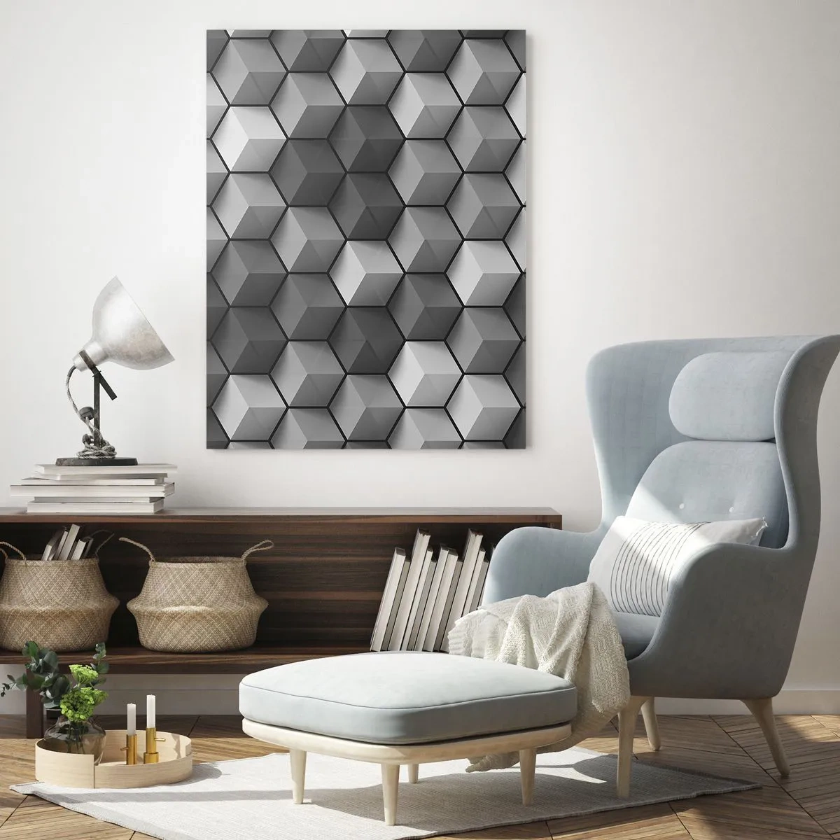 Cuadro sobre vidrio - Impresiones sobre Vidrio - Cubos geométricos en tonos de gris - 50x70cm - Rompecabezas cubista - Decoración de pared moderna para salón y dormitorio ARTTOR