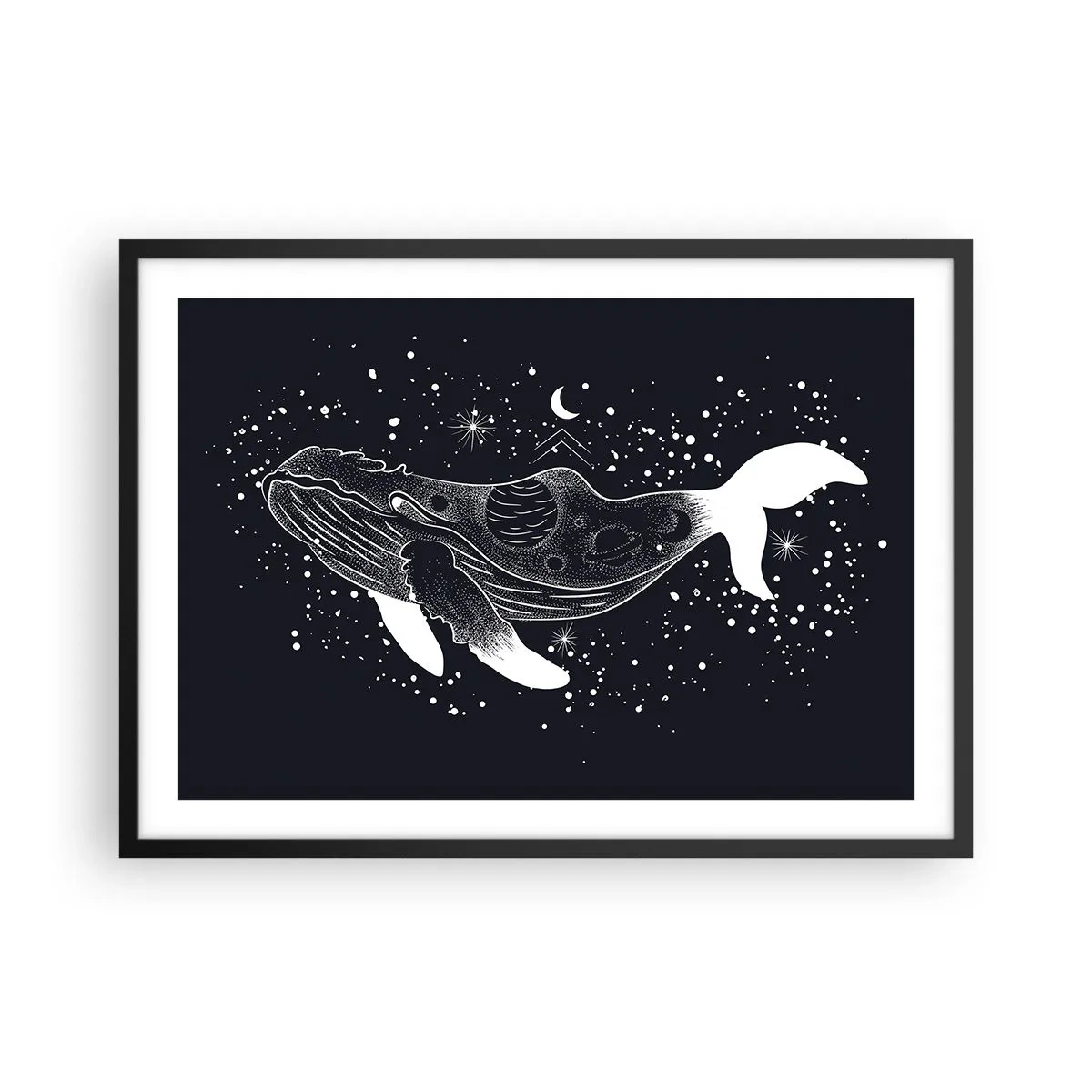 Póster en marco negro - Una ilustración gráfica de una ballena en estilo espacial. - 70x50cm - En el océano del universo - Decoración de pared moderna para salón y dormitorio ARTTOR