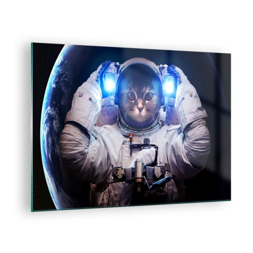 Cuadro sobre vidrio - Impresiones sobre Vidrio - Un cosmonauta con cabeza de gato en el espacio - 70x50cm - Houston, tienes un problema. - Decoración de pared moderna para salón y dormitorio ARTTOR