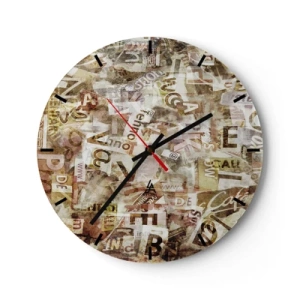 Reloj de pared - Reloj de vidrio - Composición abstracta con letras en tonos beige y marrón. - 30x30cm - Unificando el lenguaje - Decoración de pared moderna para salón, cocina y dormitorio ARTTOR