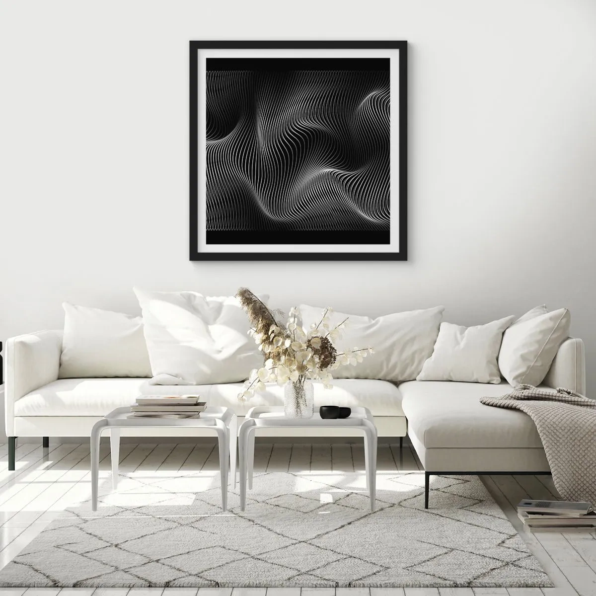 Póster en marco negro - La danza de la luz en el espacio - 30x30 cm