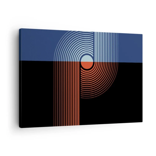 Cuadro sobre lienzo - Impresión de Imagen - Abstracción geométrica con líneas en azul marino y naranja. - 70x50cm - En un abrazo geométrico - Decoración de pared moderna para salón y dormitorio ARTTOR