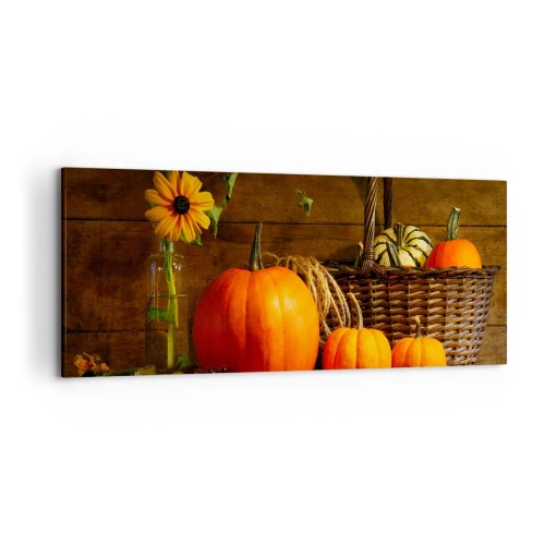 Cuadro sobre lienzo - Impresión de Imagen - Composición otoñal con calabazas y flores sobre un fondo de madera. - 120x50cm - Composición rústica - regalos de otoño - Decoración de pared moderna para salón y dormitorio ARTTOR