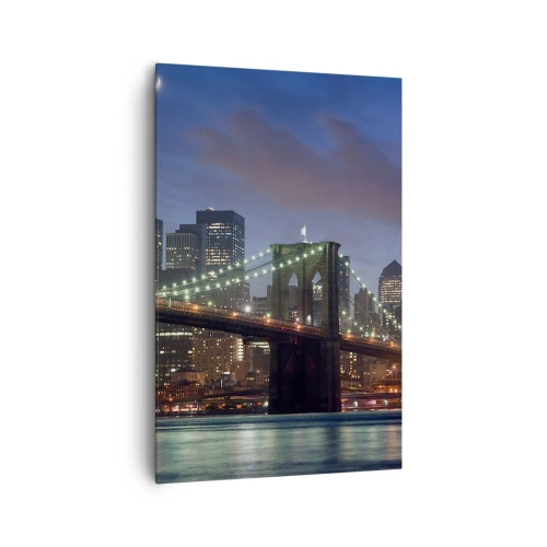 Cuadro sobre lienzo - Impresión de Imagen - Puente de la ciudad de Nueva York de noche con edificios iluminados - 80x120cm - Una noche iluminada - Decoración de pared moderna para salón y dormitorio ARTTOR