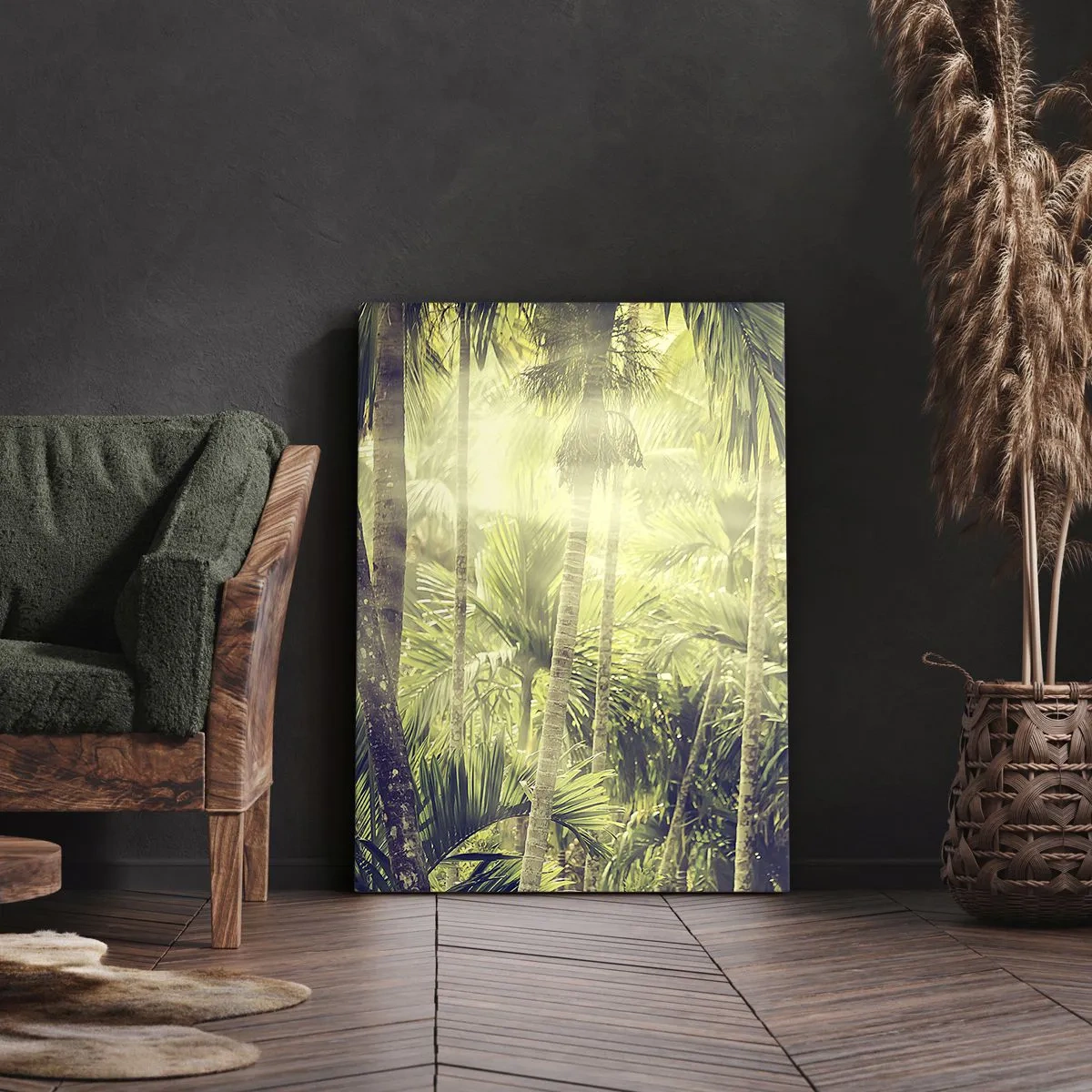 Cuadro sobre lienzo - Impresión de Imagen - Rayos de sol en un bosque tropical de palmeras - 50x70cm - En el cálido verde - Decoración de pared moderna para salón y dormitorio ARTTOR