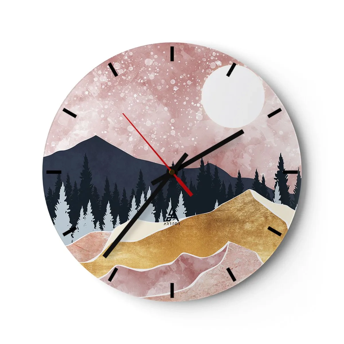 Reloj de pared - Reloj de vidrio - Paisaje artístico de montaña en colores pastel con un bosque y la luna. - 30x30cm - Vigilancia nocturna - Decoración de pared moderna para salón, cocina y dormitorio ARTTOR