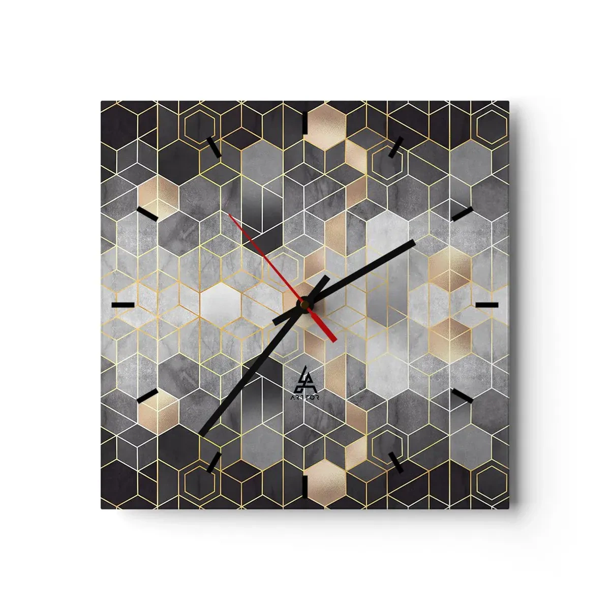 Reloj de pared - Reloj de vidrio - Patrón geométrico en tonos dorados - 30x30cm - Composición de diamantes - Decoración de pared moderna para salón y dormitorio ARTTOR