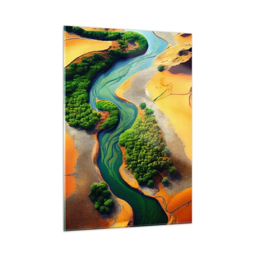 Cuadro sobre vidrio - Impresiones sobre Vidrio - Oasis verdes y un río entre dunas anaranjadas - 50x70cm - Río que da vida - Decoración de pared moderna para salón y dormitorio ARTTOR