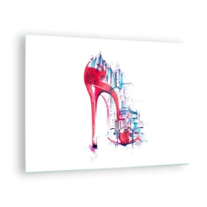 Cuadro sobre vidrio - Impresiones sobre Vidrio - Stiletto rojo con motivo de arquitectura urbana - 70x50cm - Elegancia metropolitana - Decoración de pared moderna para salón y dormitorio ARTTOR