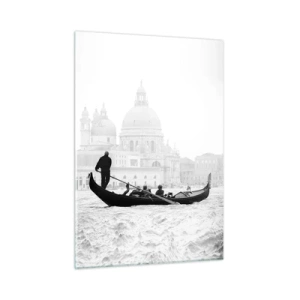 Cuadro sobre vidrio - Impresiones sobre Vidrio - Una góndola en blanco y negro con el paisaje de Venecia como telón de fondo. - 50x70cm - Un viaje a la fuente de la belleza - Decoración de pared moderna para salón y dormitorio ARTTOR