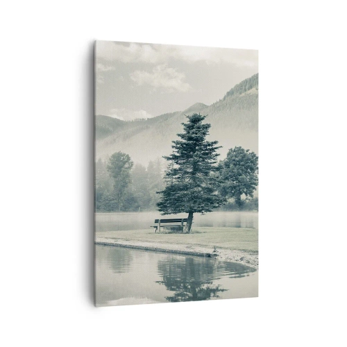 Cuadro sobre lienzo - Impresión de Imagen - Un pintoresco lago con un banco y niebla al fondo. - 70x100cm - El lago sigue durmiendo - Decoración de pared moderna para salón y dormitorio ARTTOR