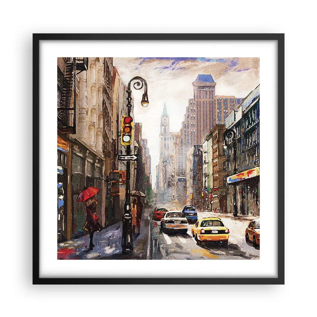 Póster en marco negro - Nueva York - también colorida bajo la lluvia - 50x50 cm