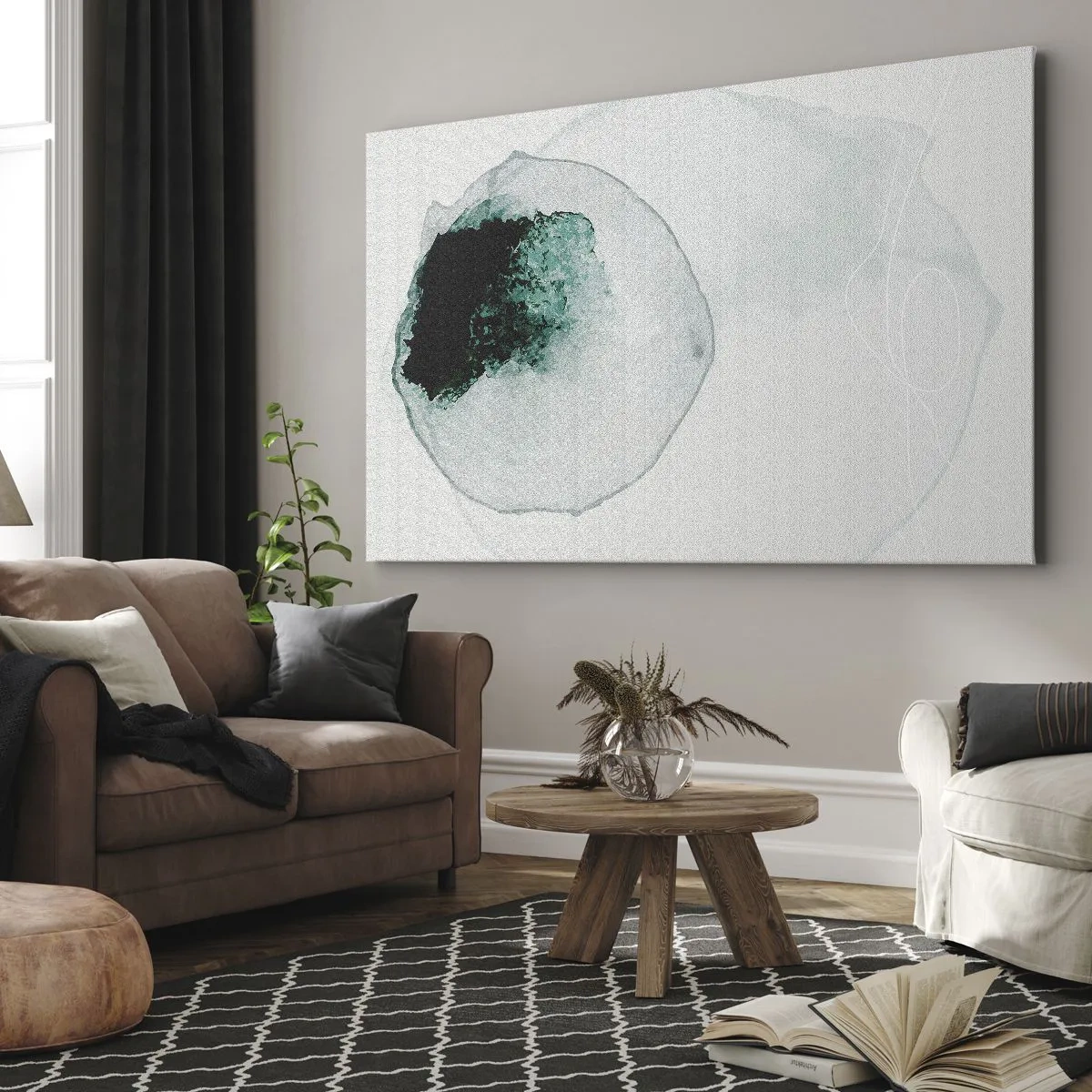 Cuadro sobre lienzo - Impresión de Imagen - Gota de agua abstracta con tonos de verde y negro. - 70x50cm - En una gota de agua - Decoración de pared moderna para salón y dormitorio ARTTOR