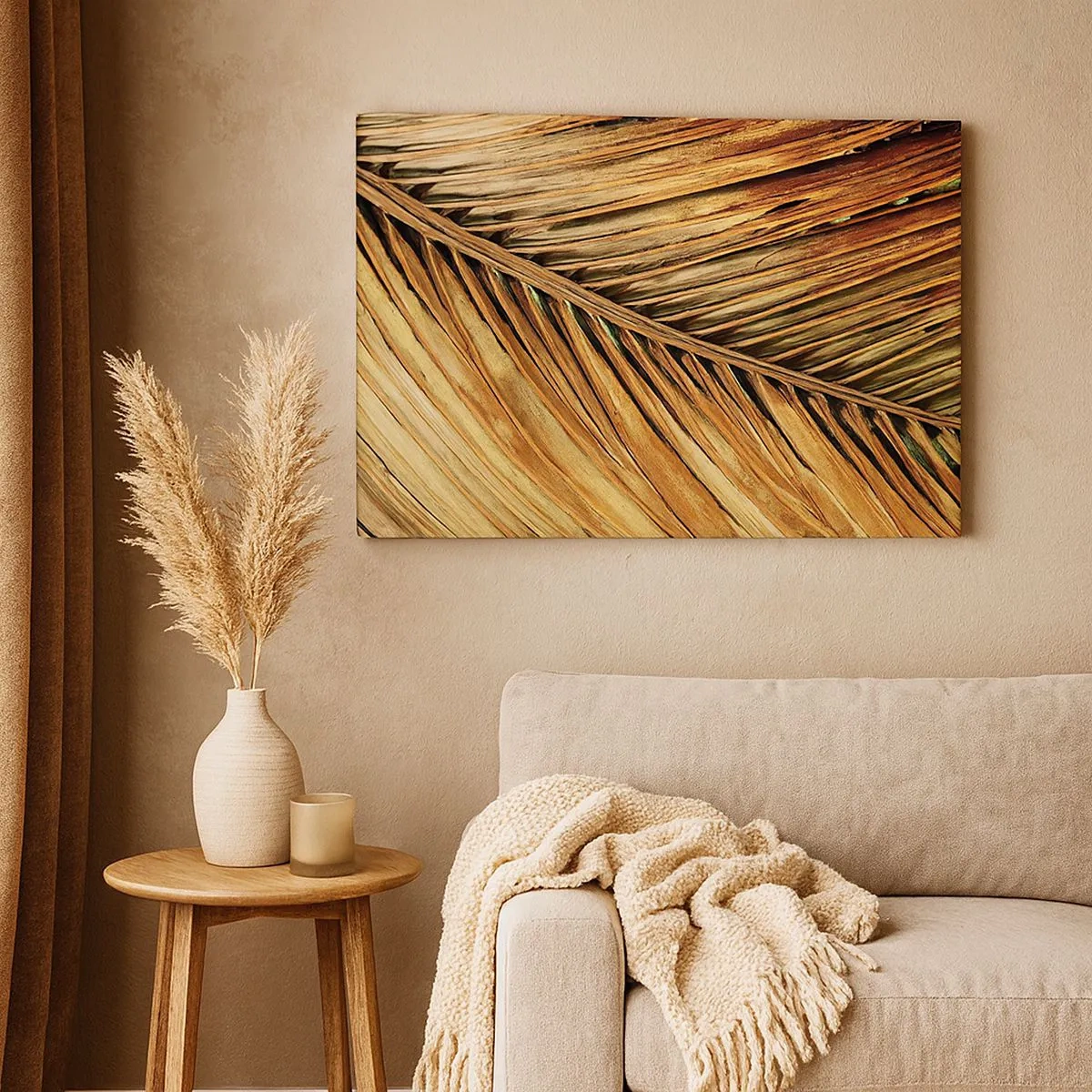 Cuadro sobre lienzo - Impresión de Imagen - Primer plano de una hoja de palma seca en tonos cálidos. - 70x50cm - Oro de coco - Decoración de pared moderna para salón y dormitorio ARTTOR