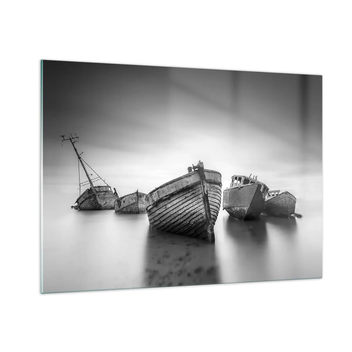 Cuadro sobre vidrio - Impresiones sobre Vidrio - Barcos abandonados en aguas tranquilas en blanco y negro - 100x70cm - Ahora solo quedan los recuerdos... - Decoración de pared moderna para salón y dormitorio ARTTOR