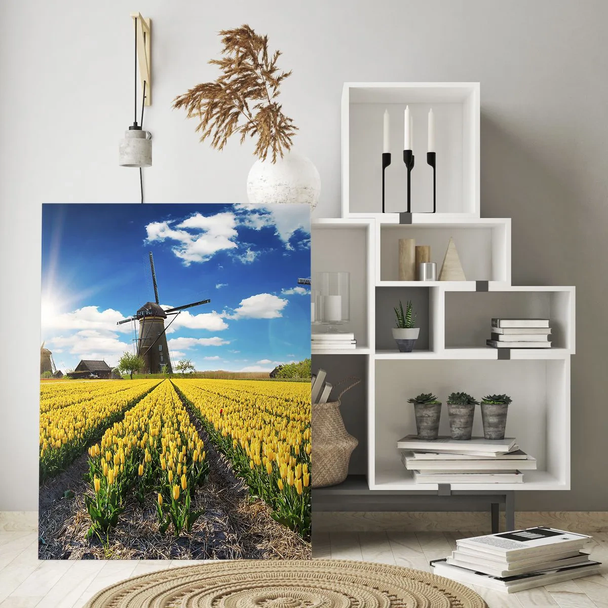 Cuadro sobre vidrio - Impresiones sobre Vidrio - Un campo de tulipanes amarillos con molinos de viento al fondo en un día soleado. - 50x70cm - No podría ser más holandés - Decoración de pared moderna para salón y dormitorio ARTTOR