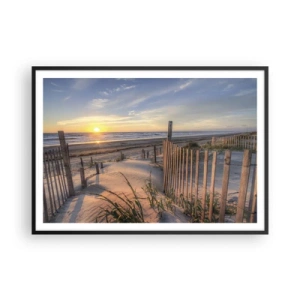 Póster en marco negro - Playa al atardecer con valla de madera - 100x70cm - El resplandor y la sombra del viento - Decoración de pared moderna para salón y dormitorio ARTTOR