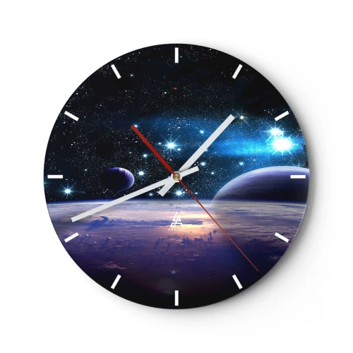 Reloj de pared - Reloj de vidrio - Espacio con estrellas, planetas y una superficie planetaria con atmósfera. - 30x30cm - ¿Sigues solo? - Decoración de pared moderna para salón, cocina y dormitorio ARTTOR