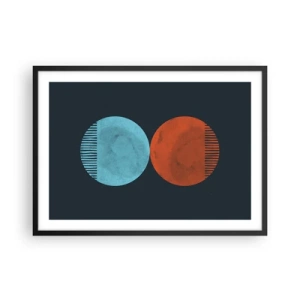 Póster en marco negro - Diseño minimalista de dos ruedas en azul y naranja. - 70x50cm - ¿Solo geometría? - Decoración de pared moderna para salón y dormitorio ARTTOR