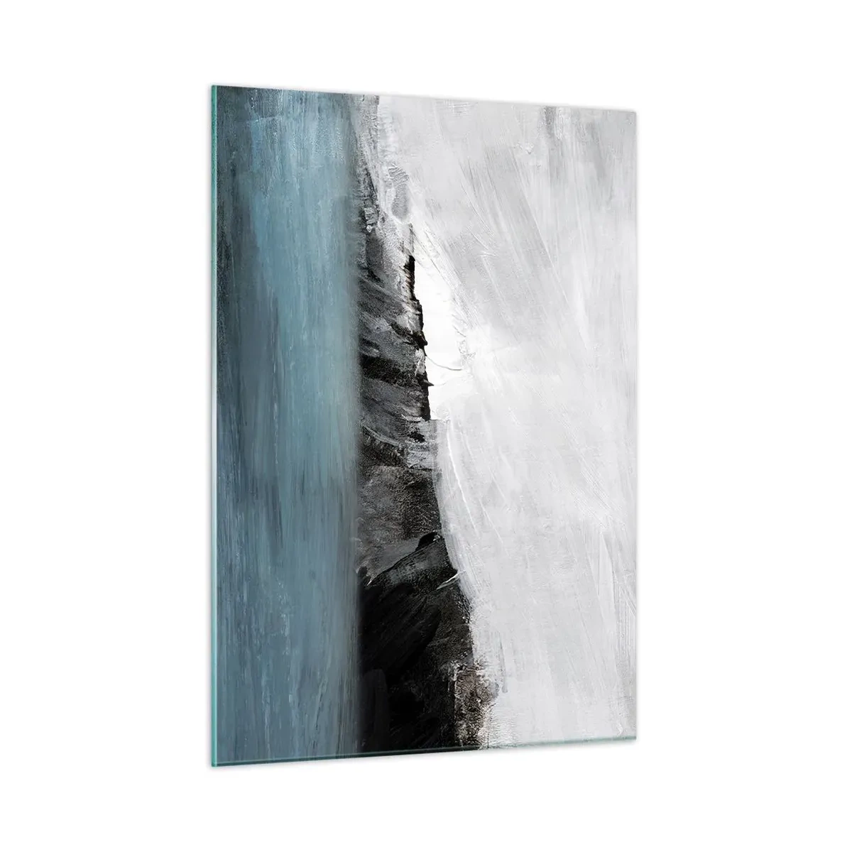 Cuadro sobre vidrio - Impresiones sobre Vidrio - Composición abstracta en tonos azul, blanco y negro. - 50x70cm - Agua - tierra: un choque de elementos - Decoración de pared moderna para salón y dormitorio ARTTOR