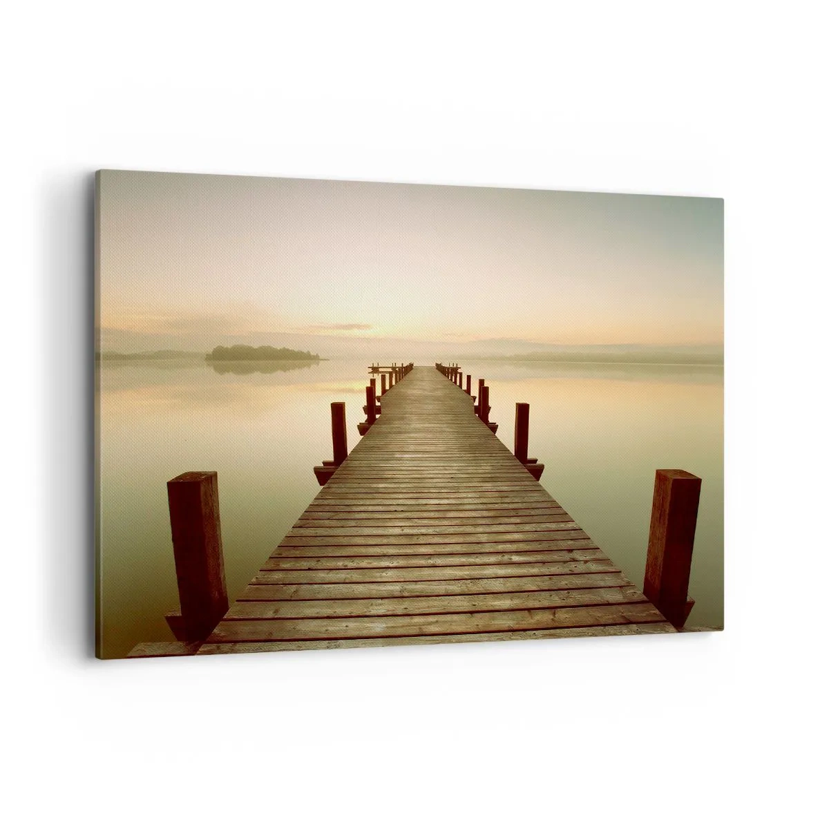 Cuadro sobre lienzo - Impresión de Imagen - Un embarcadero de madera en un lago tranquilo por la mañana. - 100x70cm - Antes del amanecer, al amanecer, la luz - Decoración de pared moderna para salón y dormitorio ARTTOR