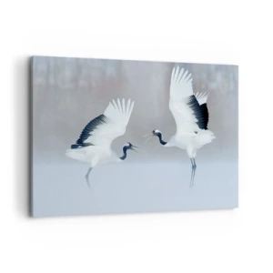Cuadro sobre lienzo - Impresión de Imagen - Dos grullas bailando en un paisaje brumoso - 100x70cm - Danza en la niebla - Decoración de pared moderna para salón y dormitorio ARTTOR