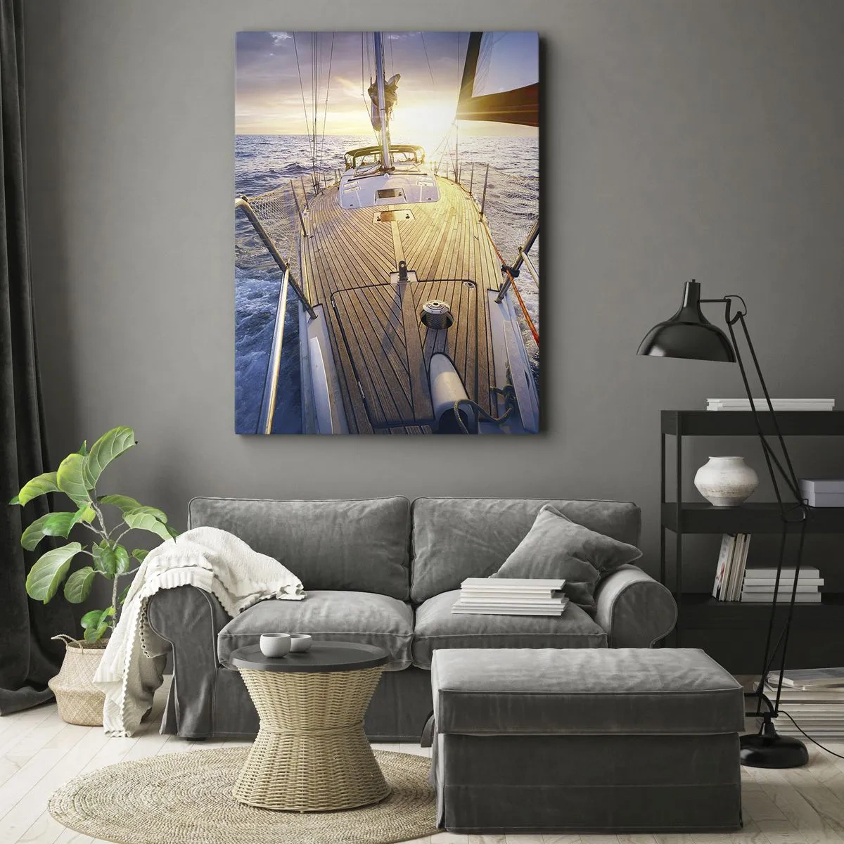 Cuadro sobre lienzo - Impresión de Imagen - Yate en el mar durante la puesta de sol - 50x70cm - Corriendo sobre las olas - Decoración de pared moderna para salón y dormitorio ARTTOR