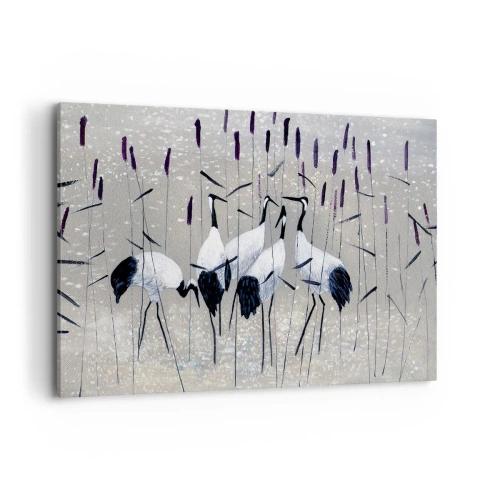 Cuadro sobre lienzo - Impresión de Imagen - Garzas en la hierba contra un fondo tranquilo - 120x80cm - Entre los suyos - Decoración de pared moderna para salón y dormitorio ARTTOR