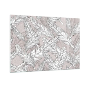 Cuadro sobre vidrio - Impresiones sobre Vidrio - Hojas en blanco y negro sobre un fondo beige en un estilo gráfico. - 100x70cm - Turbulencias de plumas - Decoración de pared moderna para salón y dormitorio ARTTOR
