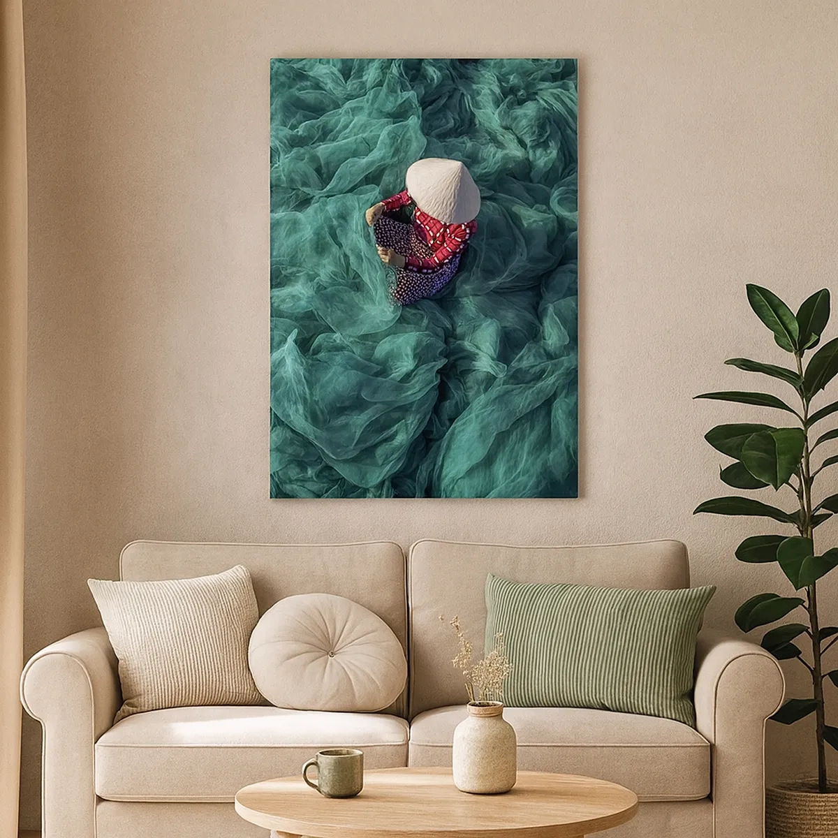 Cuadro sobre lienzo - Impresión de Imagen - Una persona con sombrero entre redes de pesca verdes. - 50x70cm - En un mar de redes - Decoración de pared moderna para salón y dormitorio ARTTOR