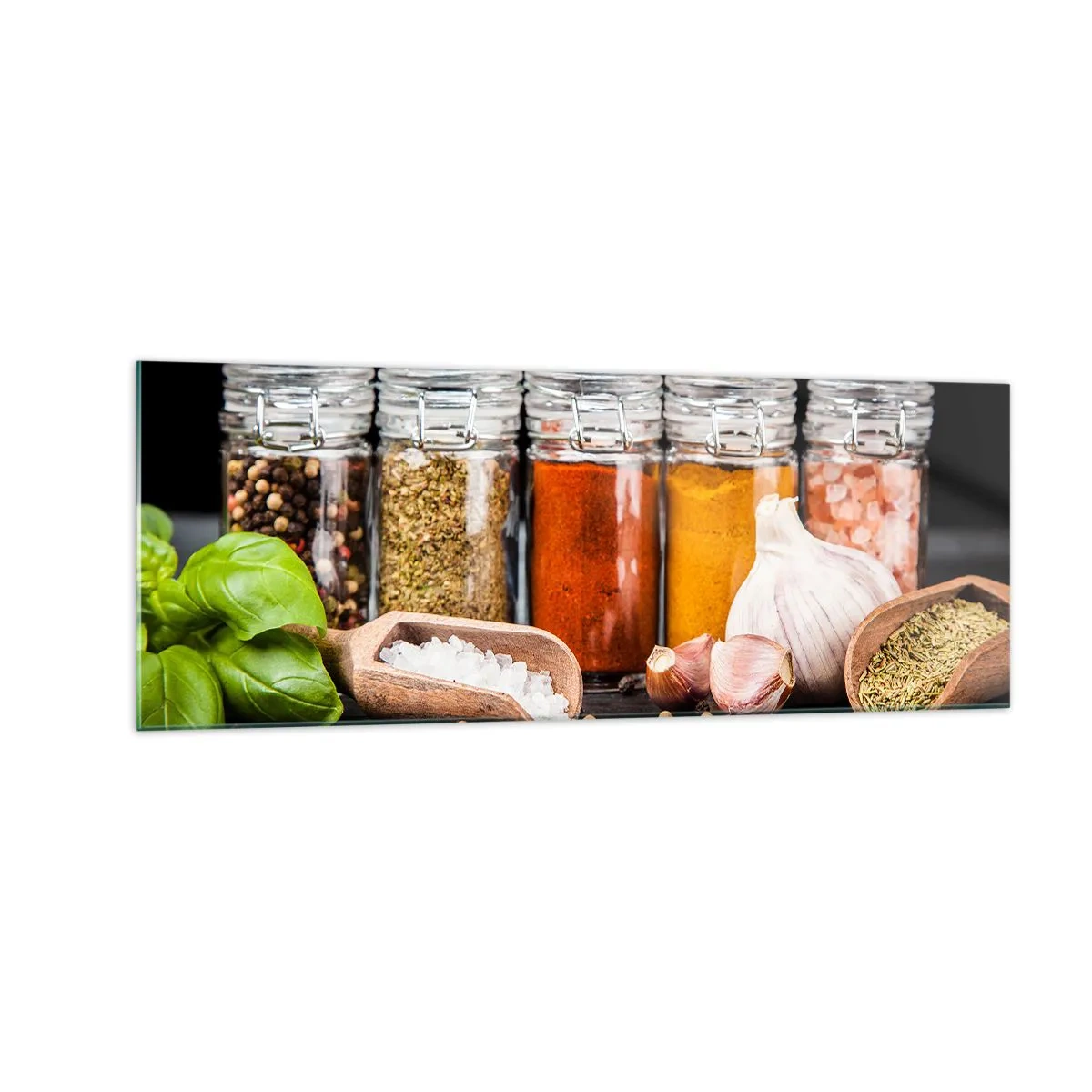 Cuadro sobre vidrio - Impresiones sobre Vidrio - Hierbas y especias en frascos de vidrio sobre un fondo oscuro. - 140x50cm - Para que la vida sepa bien - Decoración de pared moderna para salón y dormitorio ARTTOR
