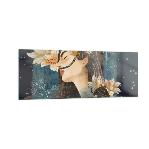 Cuadro sobre vidrio - Impresiones sobre Vidrio - Retrato de una mujer con flores en estilo artístico sobre un fondo oscuro. - 140x50cm - Cuento de princesa con lirios - Decoración de pared moderna para salón y dormitorio ARTTOR
