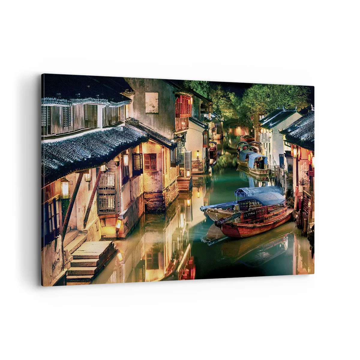 Cuadro sobre lienzo - Impresión de Imagen - Vista nocturna de los canales con barcos y casas tradicionales. - 120x80cm - Noche en una calle china - Decoración de pared moderna para salón y dormitorio ARTTOR