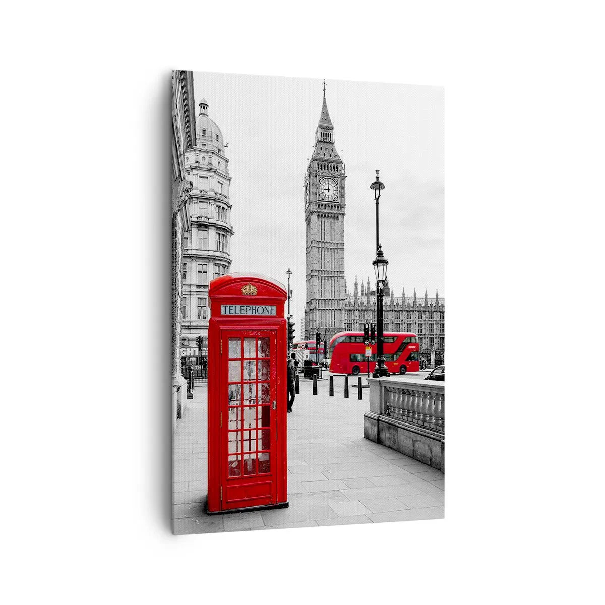 Cuadro sobre lienzo - Impresión de Imagen - Una cabina telefónica roja con el Big Ben al fondo en Londres - 80x120cm - Sin duda, Londres - Decoración de pared moderna para salón y dormitorio ARTTOR