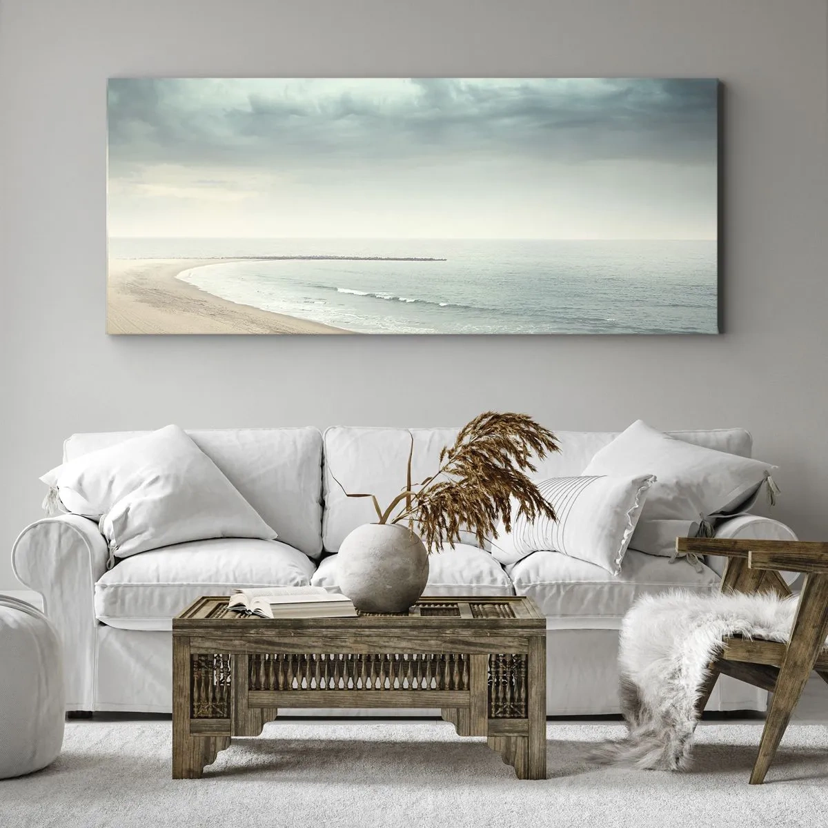 Cuadro sobre lienzo - Impresión de Imagen - Una figura solitaria en una playa desierta junto a un mar en calma. - 120x50cm - En busca de la paz - Decoración de pared moderna para salón y dormitorio ARTTOR