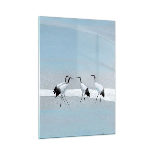 Cuadro sobre vidrio - Impresiones sobre Vidrio - Un grupo de grullas con el telón de fondo de montañas azules y una puesta de sol. - 50x70cm - Después de un día caluroso - Decoración de pared moderna para salón y dormitorio ARTTOR