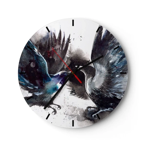 Reloj de pared - Reloj de vidrio - Representación artística de dos cuervos en pose dinámica. - 30x30cm - De cuervo a cuervo... - Decoración de pared moderna para salón, cocina y dormitorio ARTTOR