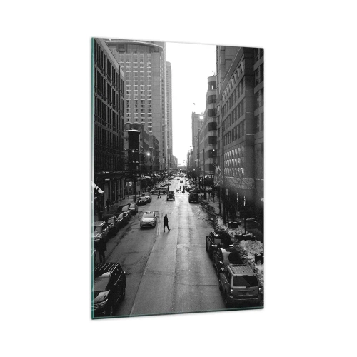Cuadro sobre vidrio - Impresiones sobre Vidrio - Una calle en blanco y negro en el centro de la ciudad con coches y peatones. - 80x120cm - Un día como otro cualquiera - Decoración de pared moderna para salón y dormitorio ARTTOR